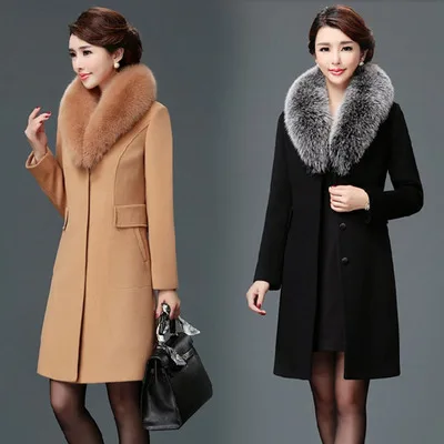 Осенне-зимнее длинное шерстяное пальто женский тонкий хит цвет меховой воротник шерстяной пиджак