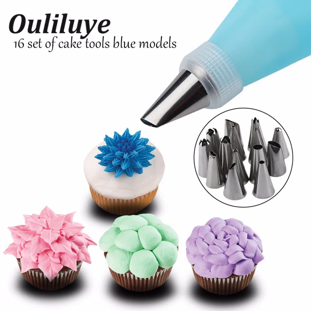 

16PCS/Set Dessert Decorators Stainless Steel Piping Icing Nozzle Silicone Icing Piping Cream Pastry Bag For Cream Pastry Tool