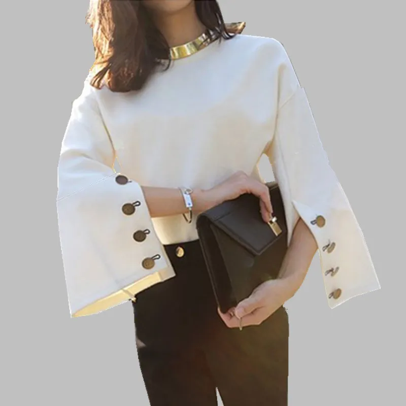 

2019 New arrival runway Flare sleeve round neck suede hoodies women white bts sudadera mujer Free necklace