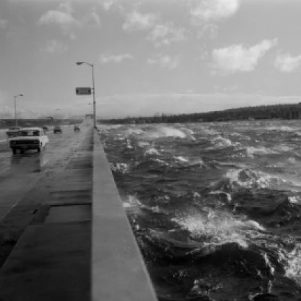 USA  Washington  Seattle  storm lashes Lake Washington Floating Bridge Poster Print (24 x 36)
