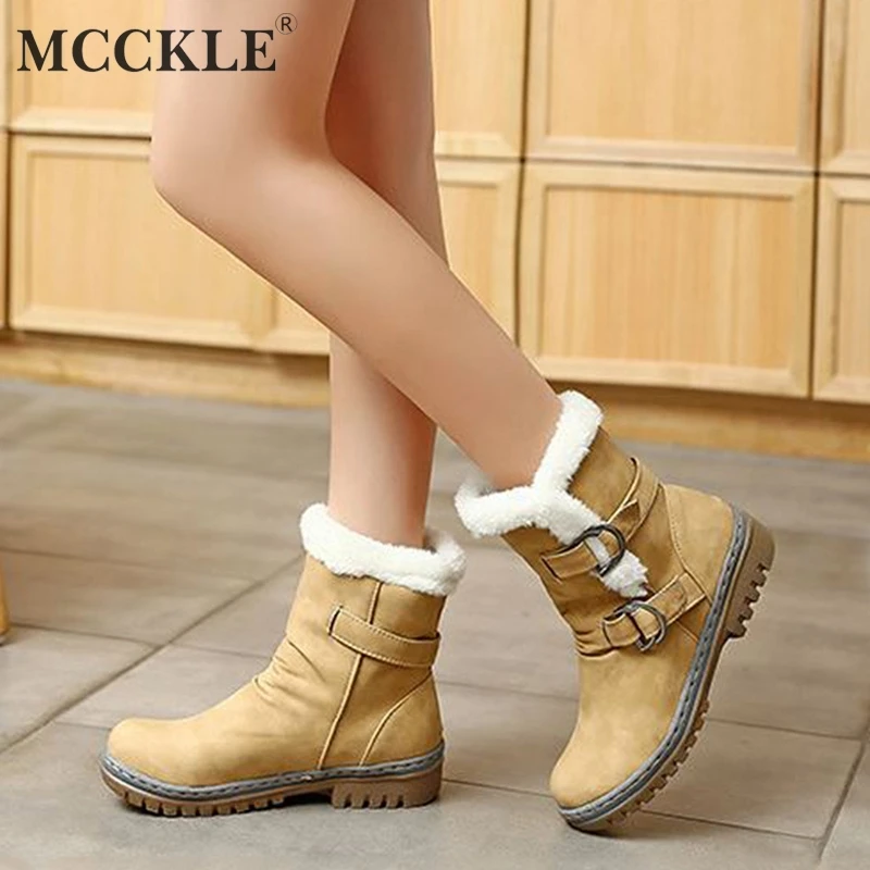 

MCCKLE Women Warm Faux Fur Snow Boots Plus Size Winter Female Platform Block Heel Sewing Mid Calf Boots Ladies Casual Shoes