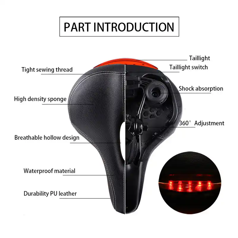 Mountain Bike Saddle Folding Bicycle Seat Cushion With Waterproof Tail Light