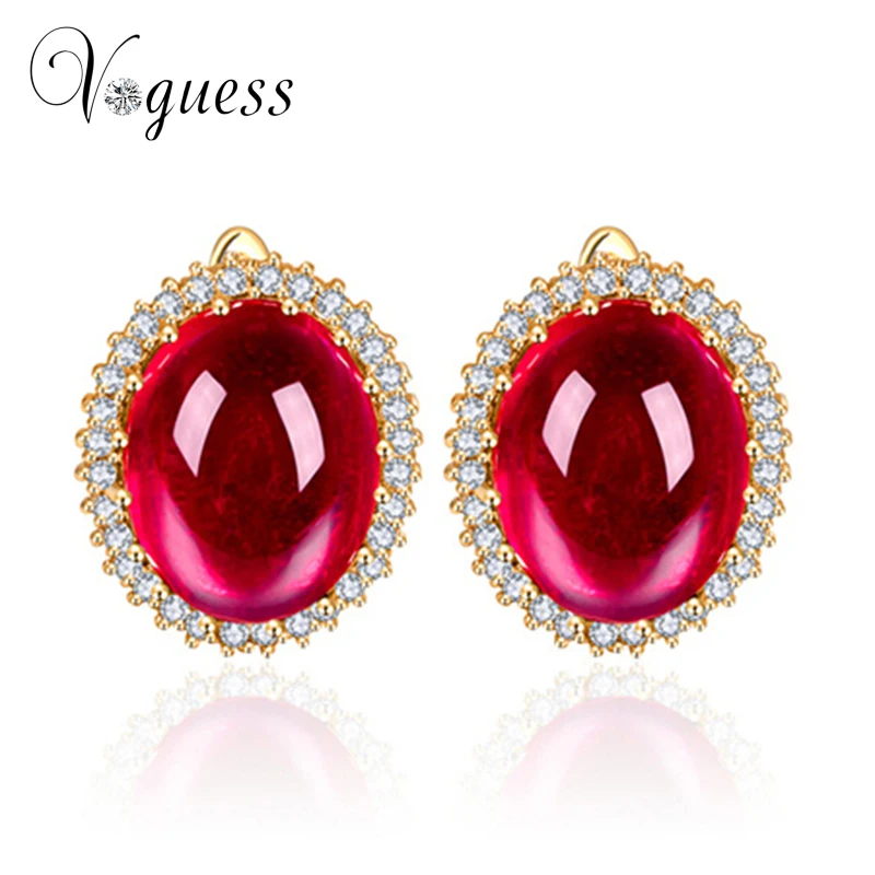 

VOGUESS Luxury Red Color Stud Earring in Champagne Gold Plating with AAA Oval Cutting Cz Crystal Earrings for Women