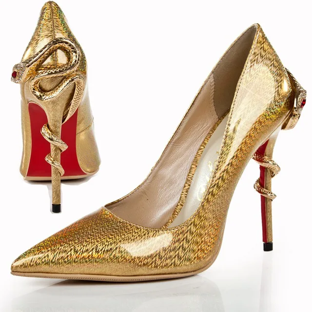 NEW Handmade gold snake high heel shoes fashion women's pumps red ...