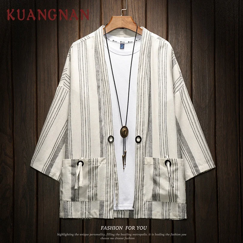 

KUANGNAN Chinese Kimono Cardigan Men Shirts Striped Clothing Japanese Kimono Men Summer Kimono Shirt Men Streetwear 2019 New