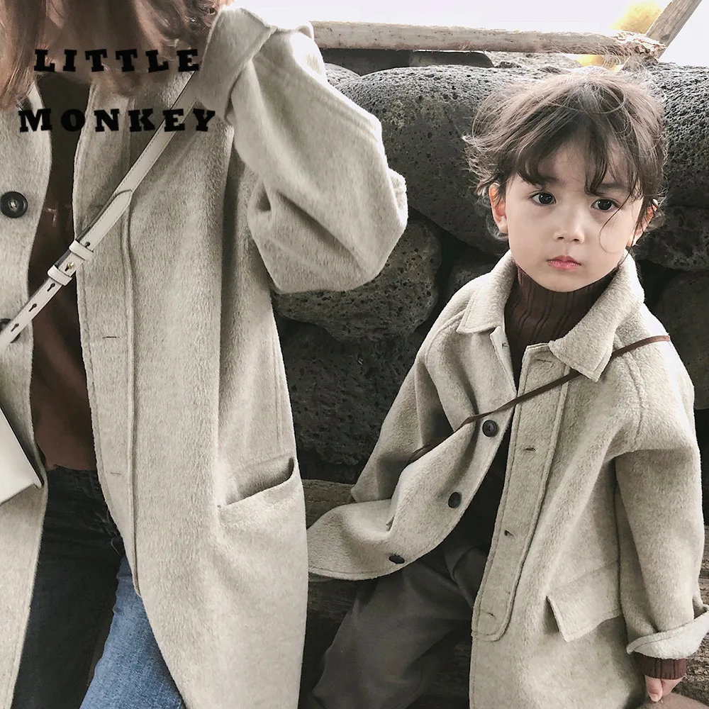 

18 Winter New Family Matching Clothes Mom and Daughter Coat Single Row Button Keep Warm British Style Simple Coat