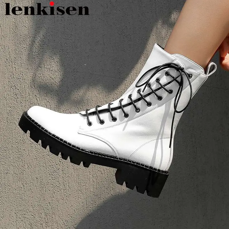 

Lenkisen modern girls popular round toe motorcycle boots big size med heels genuine leather zipper rock style mid-calf boots L06