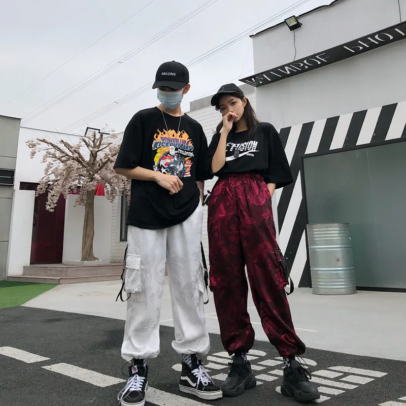 

streetwear New ulzzang Korean Couple Women's Clothing pockets Dragon pattern Harajuku loose casual high waist cargo pants Unisex