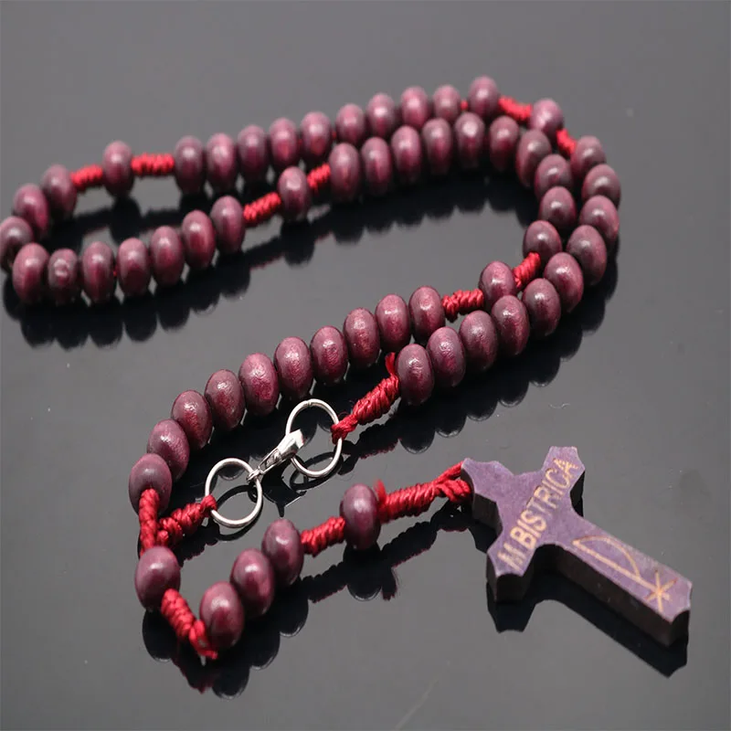 

New Catholic Men's Ms. Catholic Christ Wood 8mm Rosary Count Cross Pendant Fabric Rope Necklace Wine Red Rosary Braided Rope