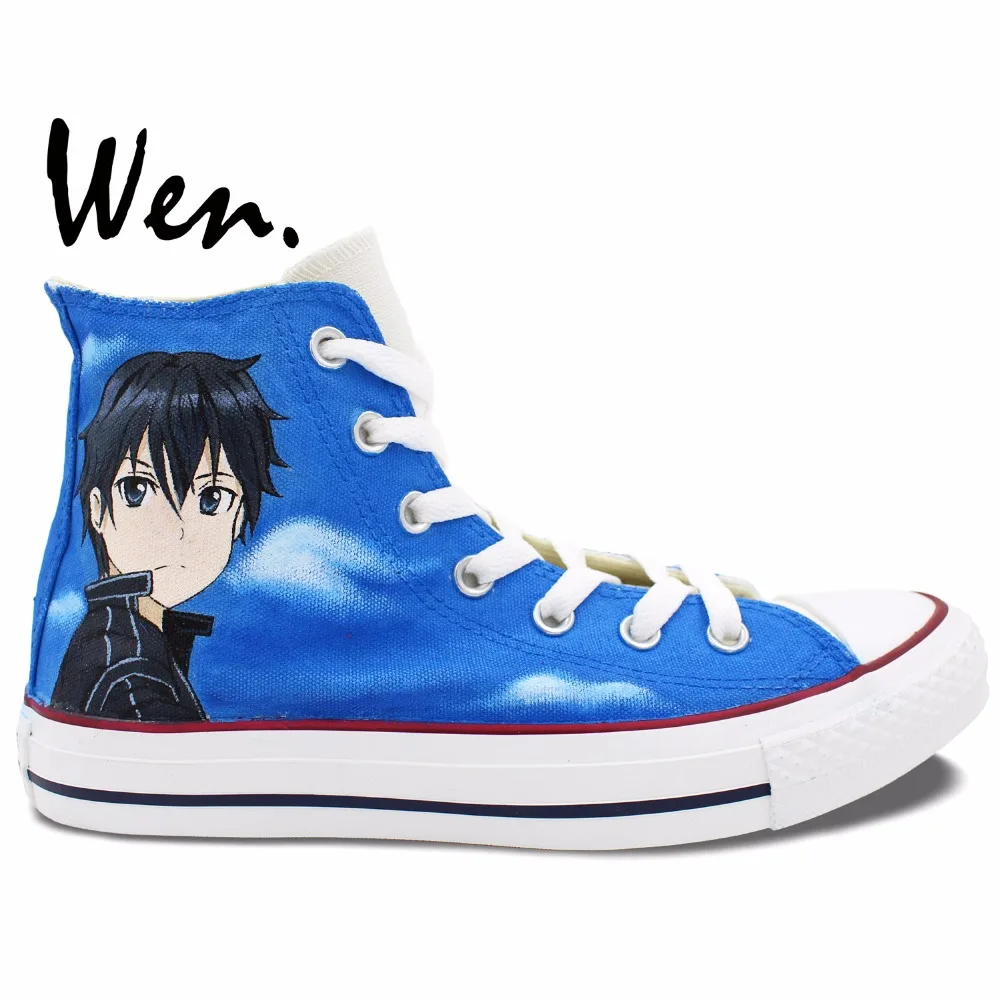 

Wen Anime Hand Painted Shoes Design Custom Sword Art Online Kirito Asuna Yuuki Blue High Top Men Women's Canvas Sneakers