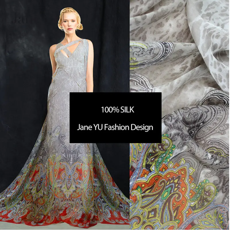 

Jane YU colorful luxury 6 momme width 140cm silk printed chiffon fabric pure mulberry silk fabric cloth for women dress t-shirt