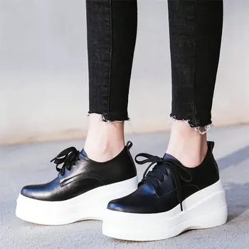 

NAYIDUYUN Tennis Shoes Women Cow Leather Wedges High Heel Ankle Boots Round Toe Platform Trainers Casual Shoes Punk Creepers