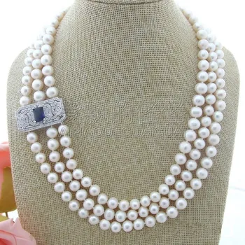 

N032713 19'' 3Strands White Pearl Necklace CZ Connector