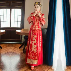 Длинные восточные древние свадьба Cheongsam Для женщин цветочной вышивкой дракона Qipao Китайский Звезда же Стиль невесты тосты Костюмы