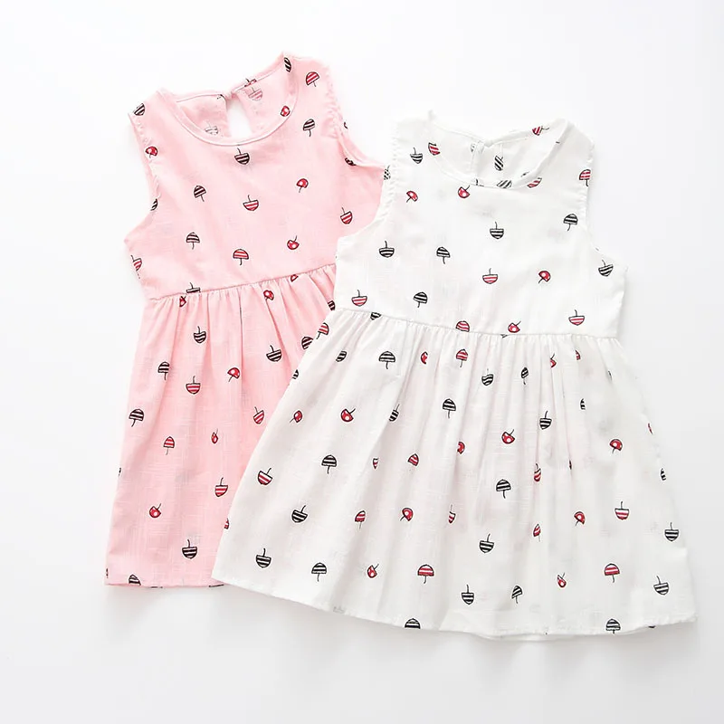

2019 Children Dresses Kids Girl Sleeveless Flower Print Cotton and Linen Floral Dress Baby Girl Spring Summer Dresses for Girls