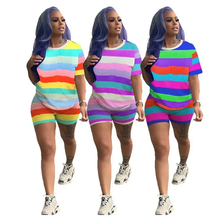 

2019 women summer rainbow stripes print o-neck short sleeve t-shirt & shorts suit two piece set tracksuit outfit S-3XL