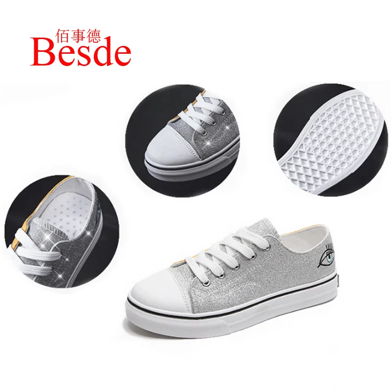 

Sexy sliver canvas shoes women's sneakers big size 41/42 Sequin Korean version brand sneakers 2019 new arrival ladies shoes