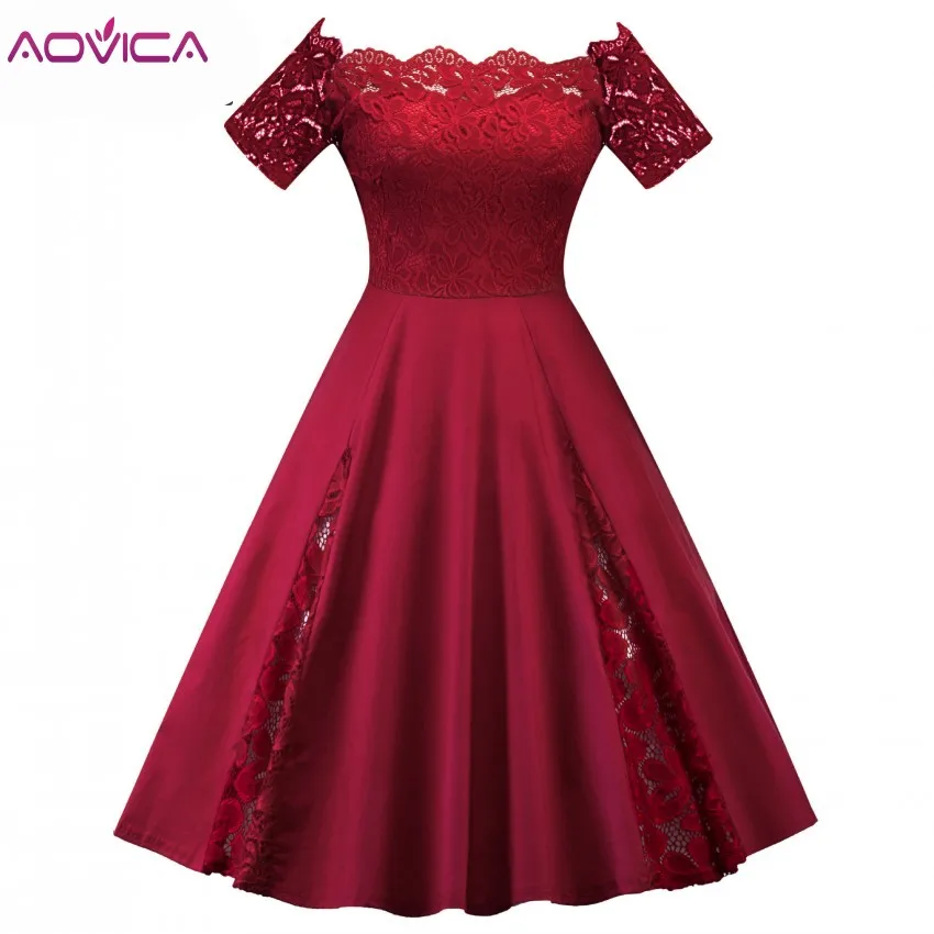

Aovica 5XL Plus Size Women's Clothing Elegant Summer Off shoulder Lace A Line 1950s Vintage Ladies Party Dresses Large Size 4XL