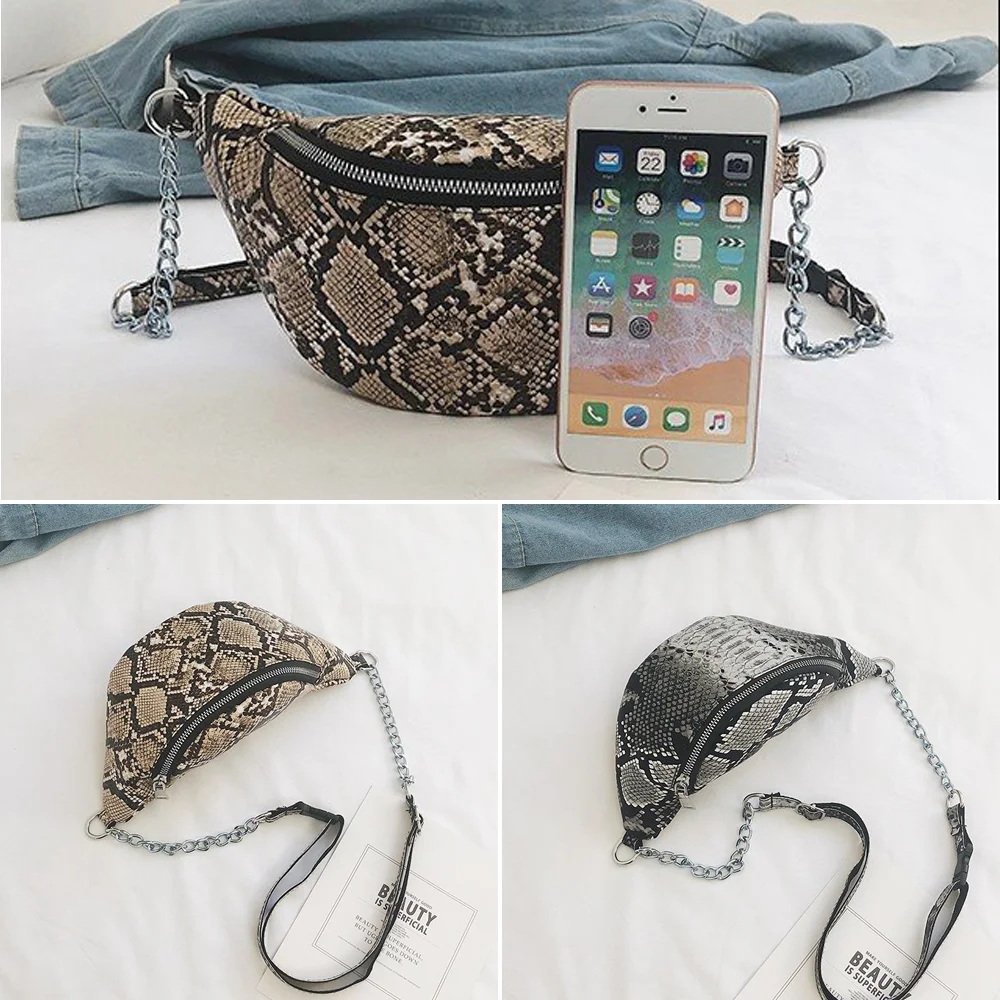 New Style Fashion Snake Pattern Chain Shoulder Waist Bags Fanny Pack Travel Waist Festival Money Belt PU Leather Holiday