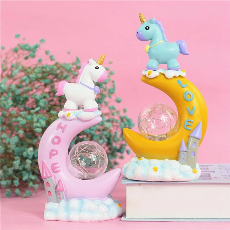 Cartoon Unicorn Resin Craft Led Night Light Car Miniature Decor Kids Home Decor Table Lamp Ornaments Birthday Valentine Gifts