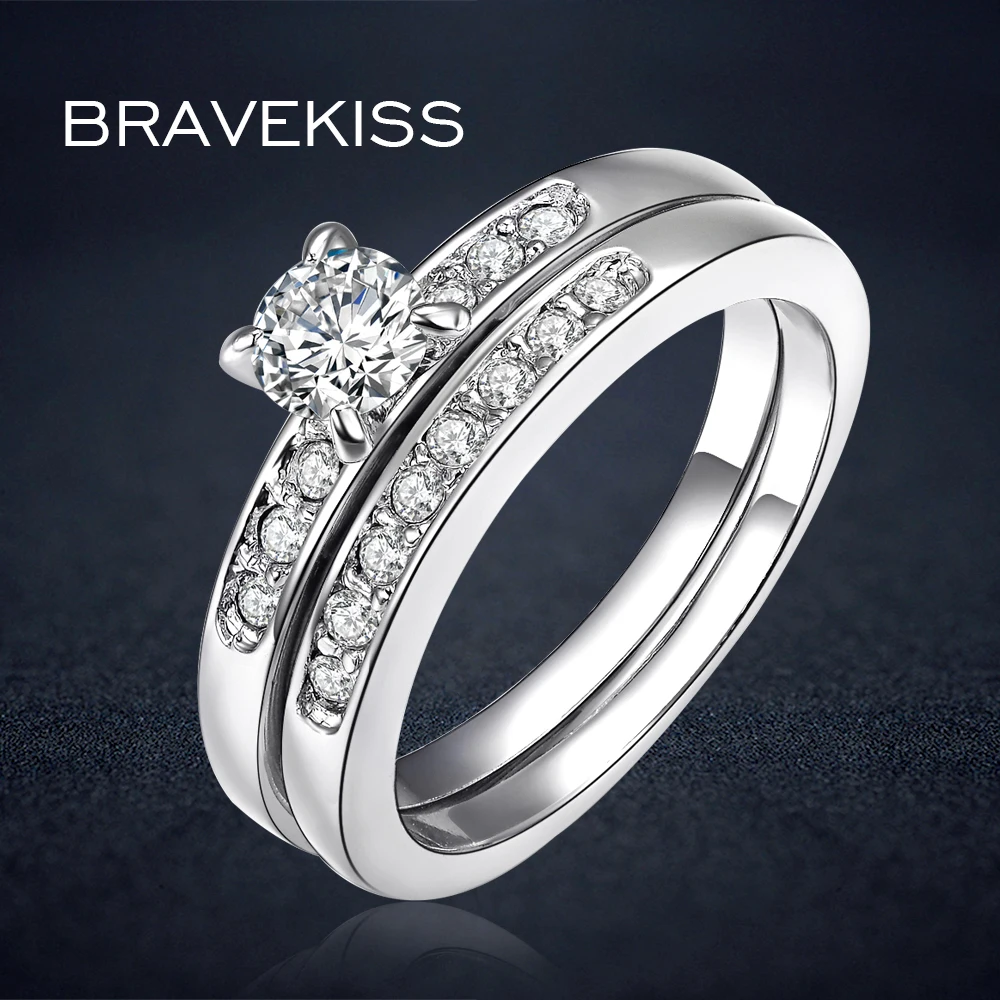 BRAVEKISS austrian crystal bridal double wedding ring sets