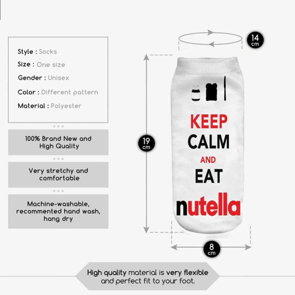 Носки мужские/женские короткие с 3D принтом Keep calm and eat Nutella|printed 3d socks|socks femalewomen socks |