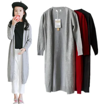 

3 to 16 years kids & teenager big girls solid color casual knitted maxi long cardigan sweater children fashion fall outwear