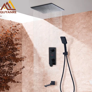 

Quyanre Black Digital Shower Wall Mounted Rainfall Shower 3-way Digital Display Mixer Tap Swivel Tub Spout Bathroom Shower