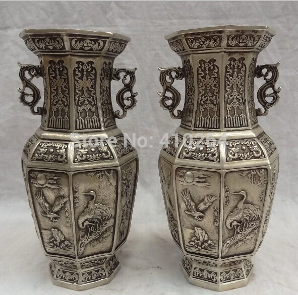 

9" China Silver Collect Auspicious Wealth Fly Eagle Crane Statue Vase Pot Pair