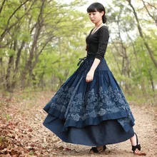 Осенне-зимняя женская юбка в стиле ретро размера плюс 6XL винтажная Повседневная джинсовая юбка-пачка с объемными цветами длинные юбки макси для женщин