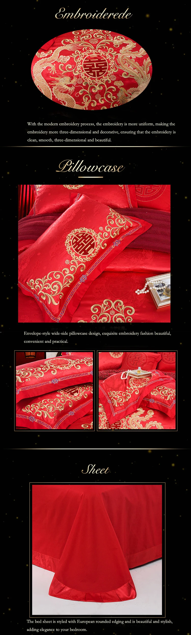 2018 luxury bedding set king size cotton romantic love wedding bed cover festive embroidery duvet cover bed sheets 4pcs red bed linen drap de lit 4