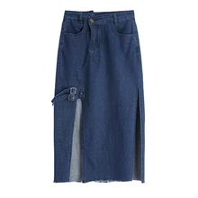 Раздельные пляжные юбки больших размеров синие длинные джинсовые юбки женские джинсовые юбки с карманами на пуговицах летние корейские винтажные сексуальный длинный макси юбка