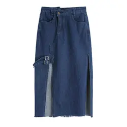 Раздельные пляжные юбки больших размеров синие длинные джинсовые юбки женские джинсовые юбки с карманами на пуговицах летние корейские