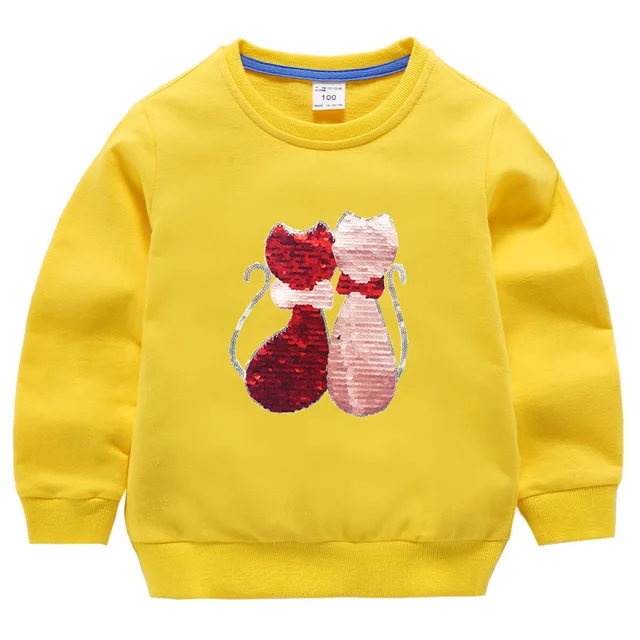 Double Sided Sequin Flash Glitter T-Shirts For Girls Sequins T Shirt Girls Cartoon Cat Kids Tshirt Summer Teen Clothes For Girls Blue