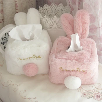 

Sweet Color Pink White Plush Rabbit Tissue Box Durable Home Car Hotel Sofa Paper Tissue Holder Napkin Case Pouch Girl's Gift