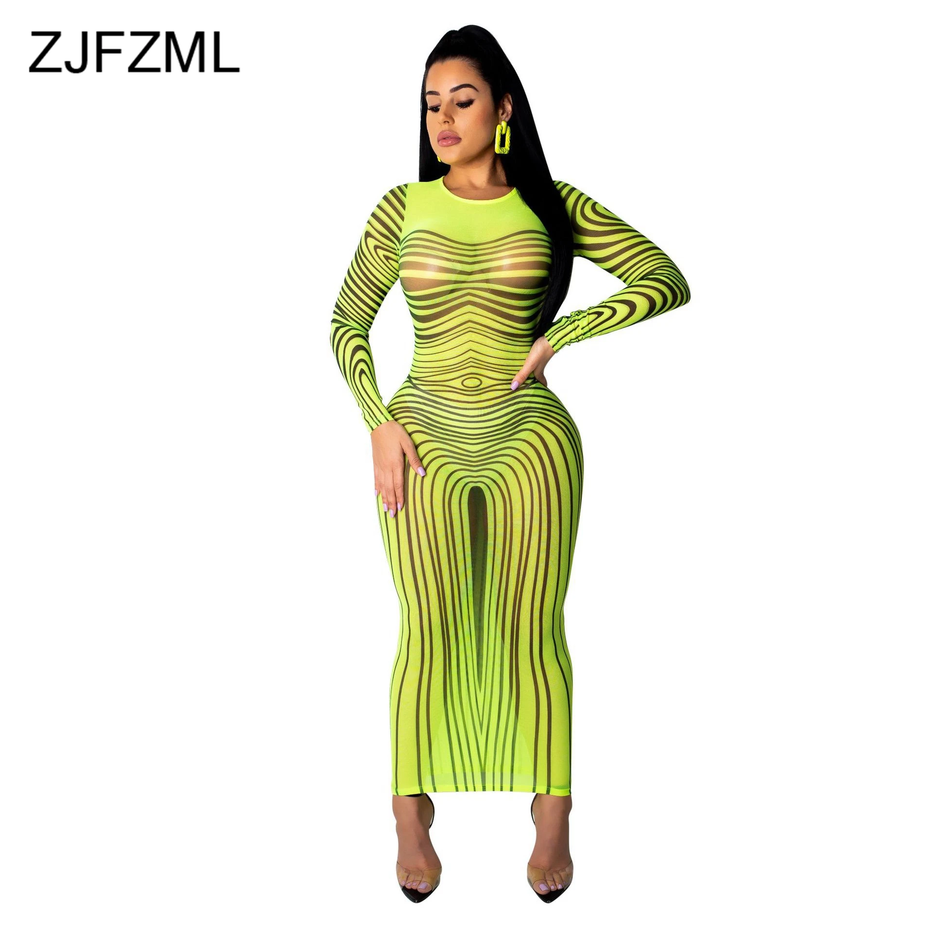

Neon Mesh Striped Sexy Plus Size Dresses Women O Neck Long Sleeve Perspective Vestidos Summer Clothes For Women Dress Robe Femme
