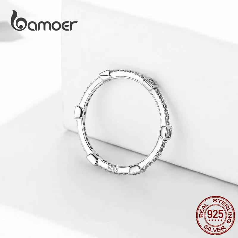 bamoer Square Geometric Stackable Finger Rings for Women Clear CZ 925 Sterling Silver Engagement Statement Jewelry SCR551