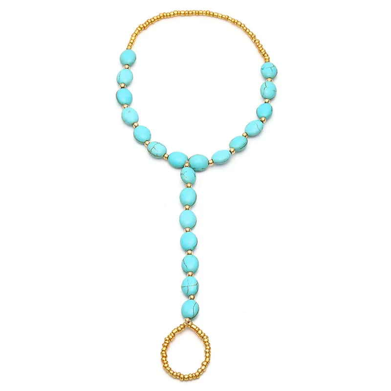 Bohemian Handmade Blue Stone Anklets Vintage Ethnic Gold Color Beads Chain Ankle Bracelets Foot Beach Jewelry For Women