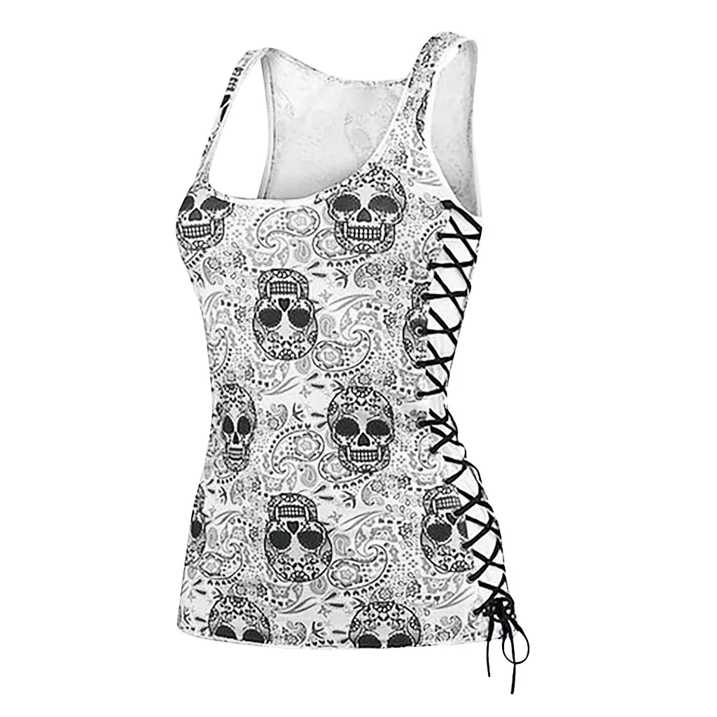 

Hot Sale Skull print tank Women Summer Tee Tops Casual Round Neck Sleeveless Slim Slimming tops O-neck Tank Camis Sexy Vest