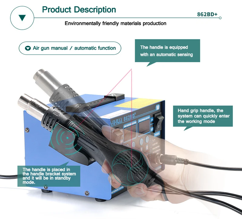 YIHUA 862BD + пайка горячим воздухом станции 2 в 1 SMD паяльная светодиодный цифровой дисплей постоянная температура паяльная станция фена