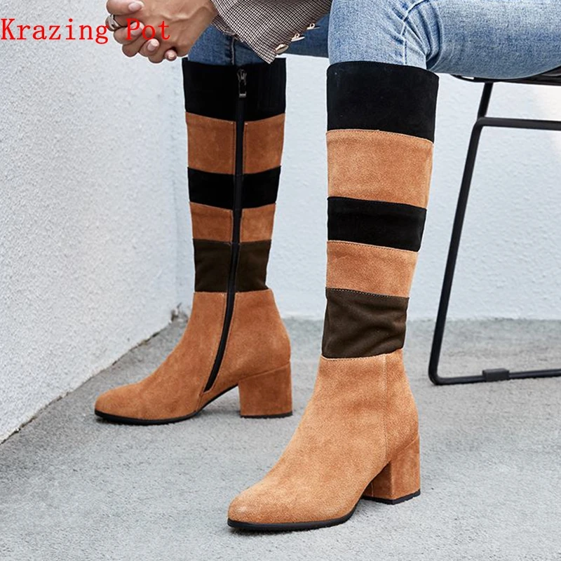 

krazing pot cow suede zipper round toe original design high heels mixed color modern runway catwalk girl thigh high boots L44