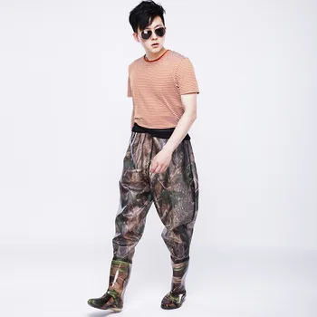 Half Waist Thicken Camo Fishing Waders Pants Men Women Outdoor Angling Hunting Waterproof Breathable PVC Trouser With Rain Boots