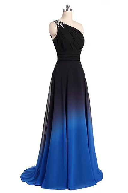 New One Shoulder Ombre Long Black White Gradient Chiffon Evening Prom ...