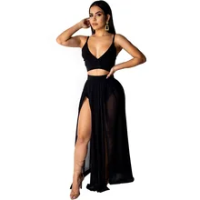 Sexy Chiffon High Slit Sold Two Piece Set Casual Spaghetti Strap Crop Top With Long Skirt Women Set Night Club Beach Suit Female crop top with front slit cut out skirt