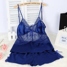 Для женщин пикантные из искусственного шелка и Сатина пижамный комплект без рукавов пижамный комплект v-образным вырезом Pijama набор кружева Ночная одежда летняя Домашняя одежда для сна