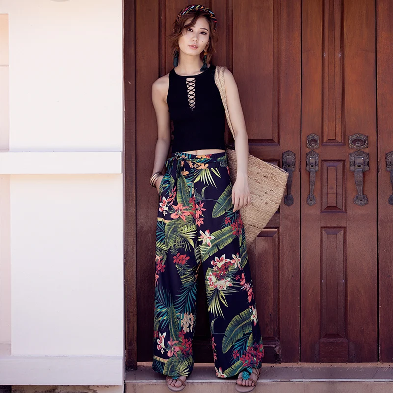 

women's pants 2018 Summer Holiday Bohemian Waist Belt Tropical Print Wide Leg Pants Slim All-match Slacks Cotton female Pants