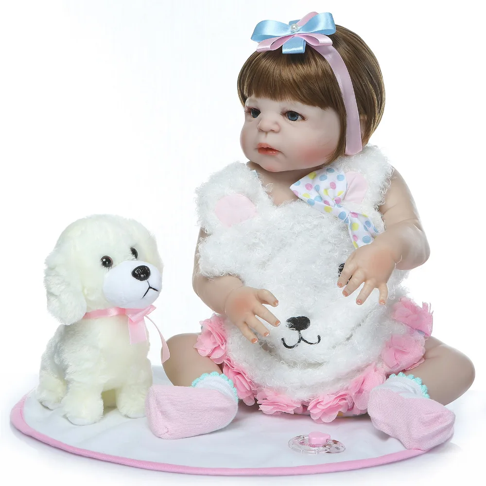 

Nicery 22inch 55cm Bebe Reborn Doll Hard Silicone Boy Girl Toy Reborn Baby Doll Gift for Child Dress White Dog Baby Doll
