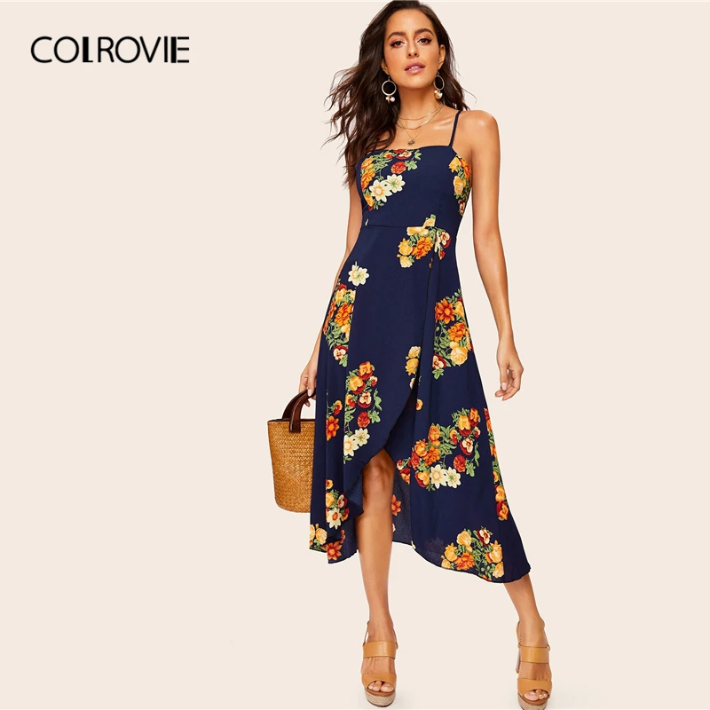 

COLROVIE Navy Floral Print Tulip Hem Backless Boho Cami Long Dress Women 2019 Summer Asymmetrical Holiday Flared Ladies Dresses