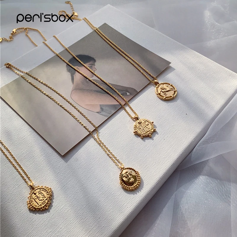 

Peri'sbox Vintage Gold Color Geometric Disc Pendant Necklaces for Women Simple Romen Coin Chokers Chic Layered Necklaces 5 Style