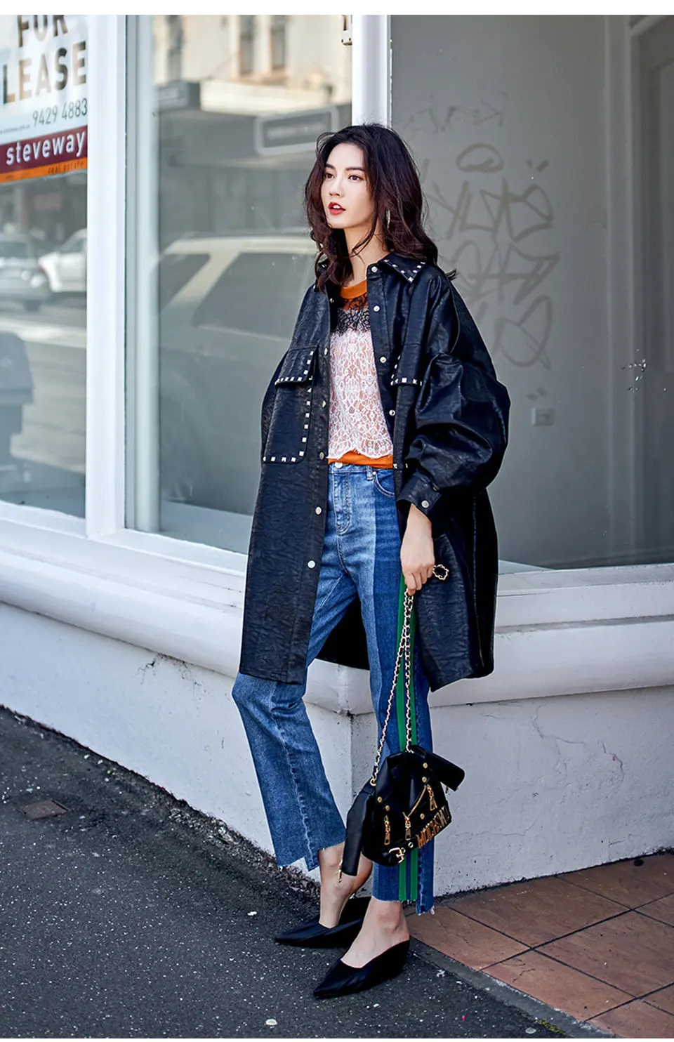 Women Fashion Black Loose Coat Fashion Street Faux Leather Rivets Punk Overcoat Spring Autumn Winter Straight Casual Long Jacket